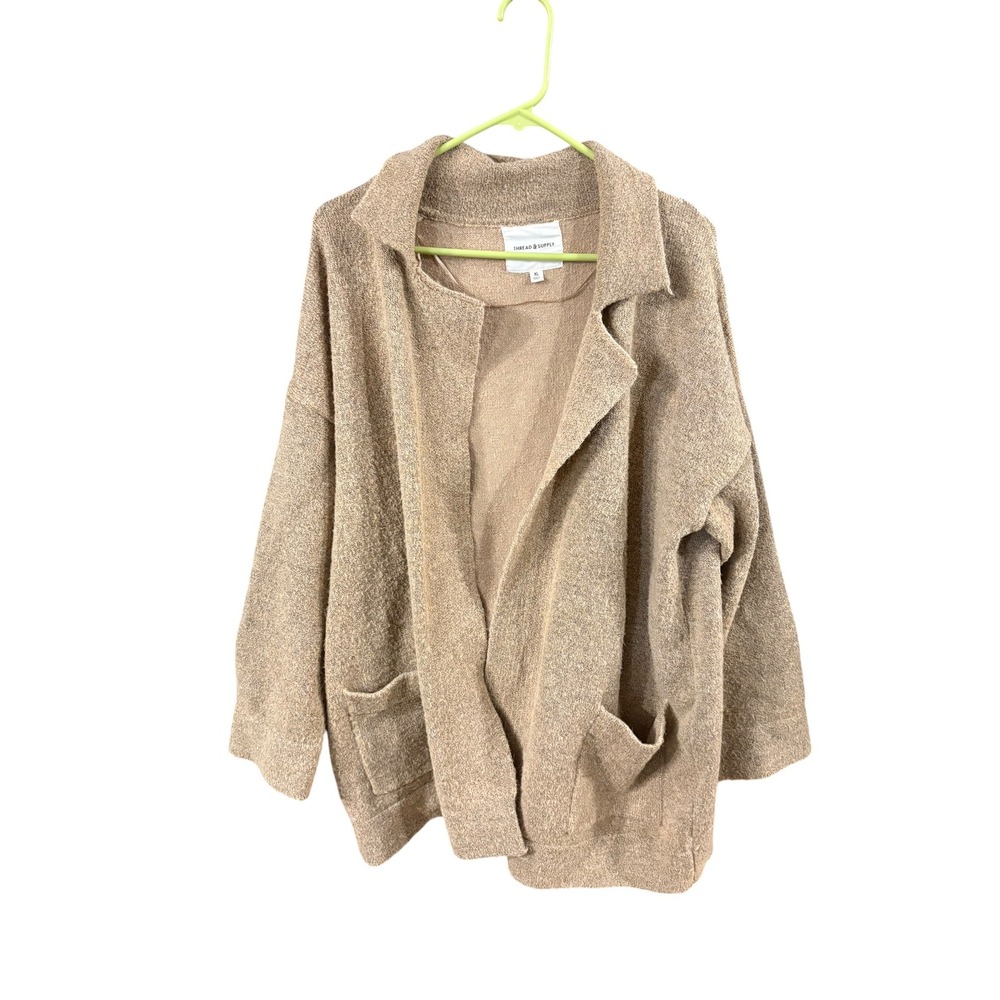 Thread & Supply Tan‎ Oatmeal Open Front Cardigan Jacket XL Notched Lapel Pockets